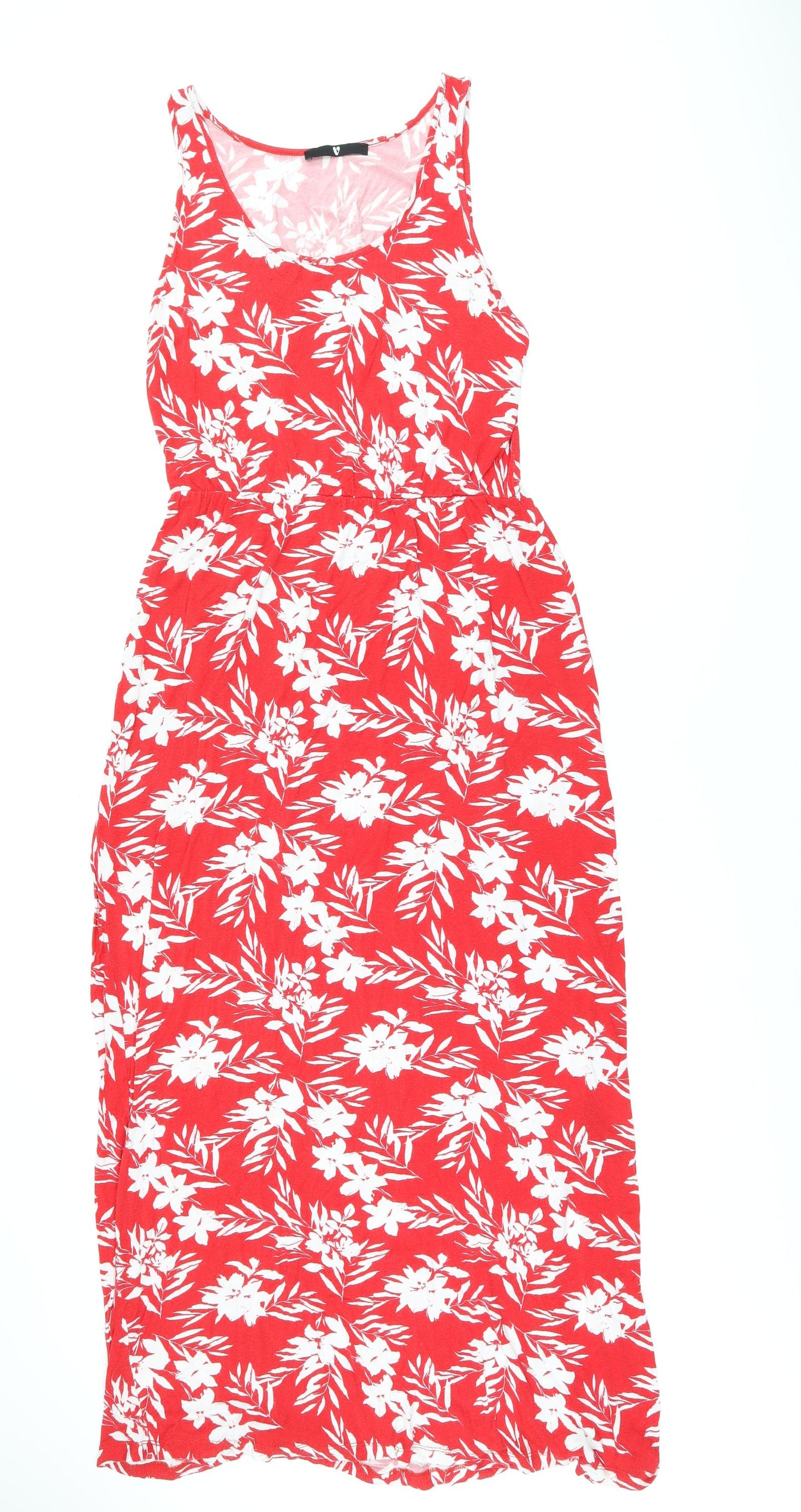 Very Womens Red Floral Viscose Tank Dress Size 14 Scoop Neck Pullover - Split Hem