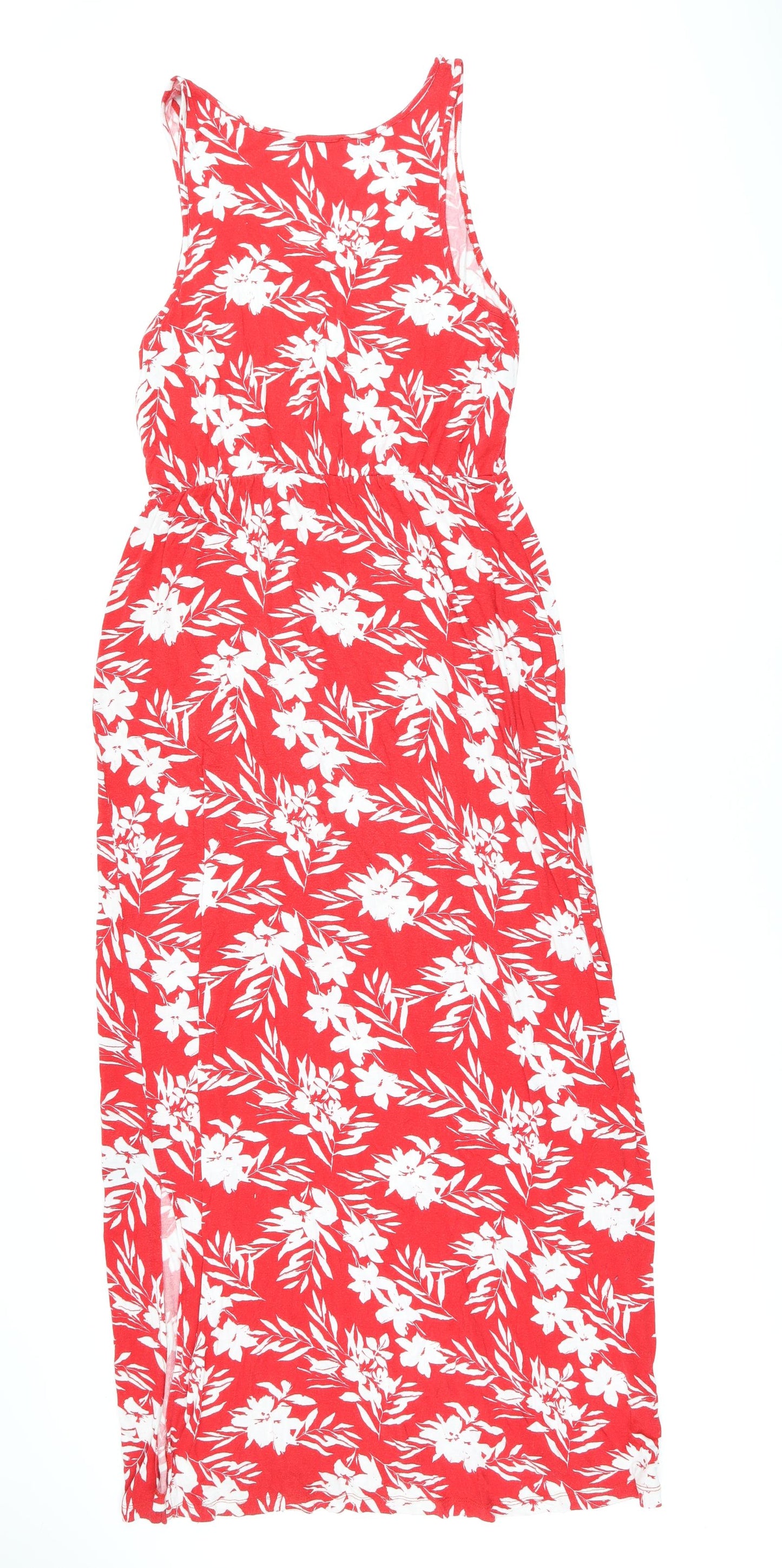 Very Womens Red Floral Viscose Tank Dress Size 14 Scoop Neck Pullover - Split Hem