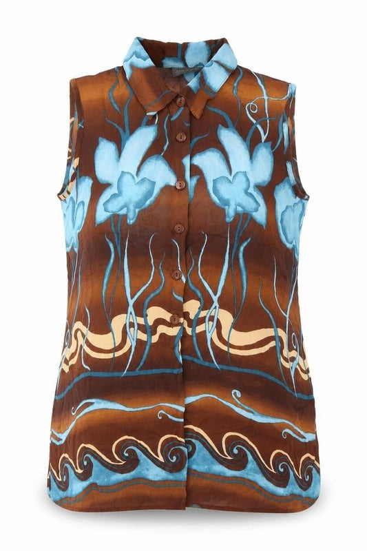 Front view of Imogen women’s brown geometric viscose basic button-up, size UK 12, collared - waves