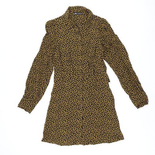 Zara Womens Black Floral Viscose Shirt Dress Size XS Collared Button - Belted