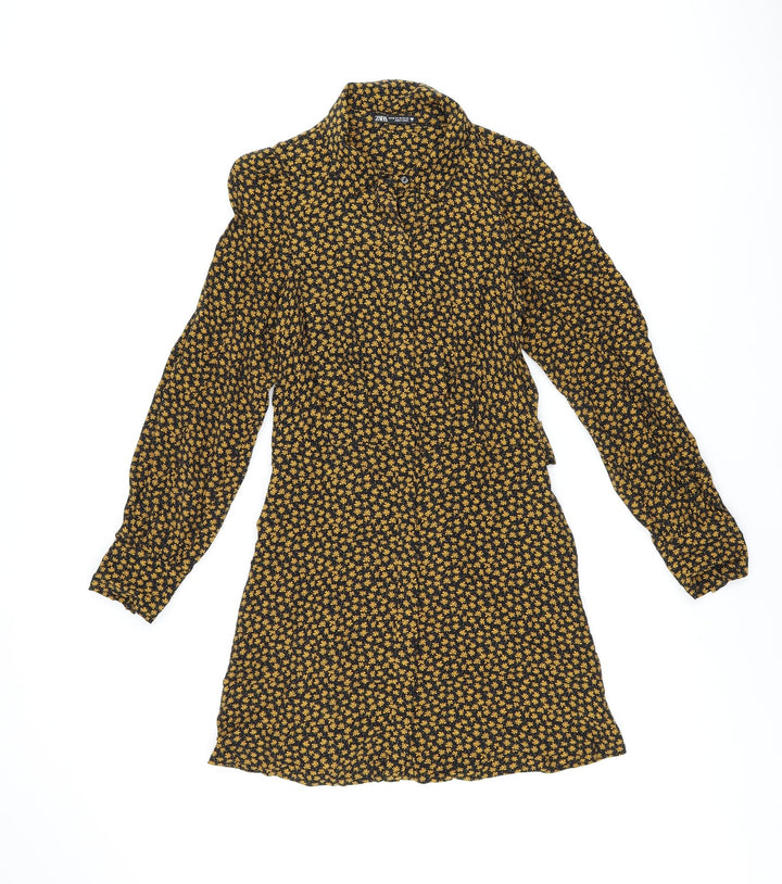 Zara Womens Black Floral Viscose Shirt Dress Size XS Collared Button - Belted