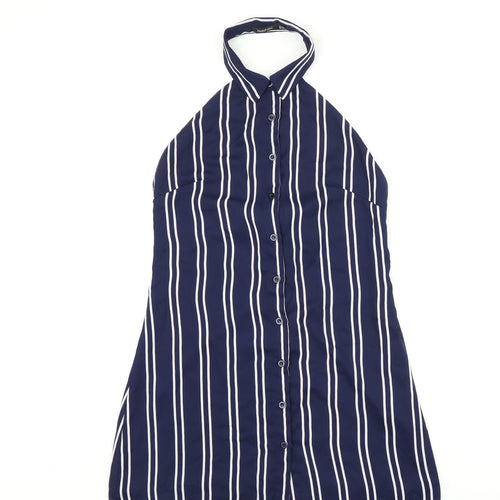 Boohoo Womens Blue Striped Polyester Basic Button-Up Size 8 Halter - Open Back