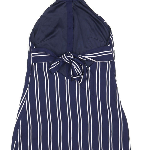 Boohoo Womens Blue Striped Polyester Basic Button-Up Size 8 Halter - Open Back