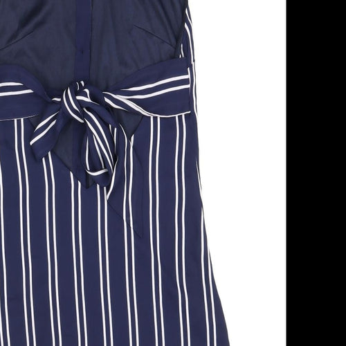 Boohoo Womens Blue Striped Polyester Basic Button-Up Size 8 Halter - Open Back