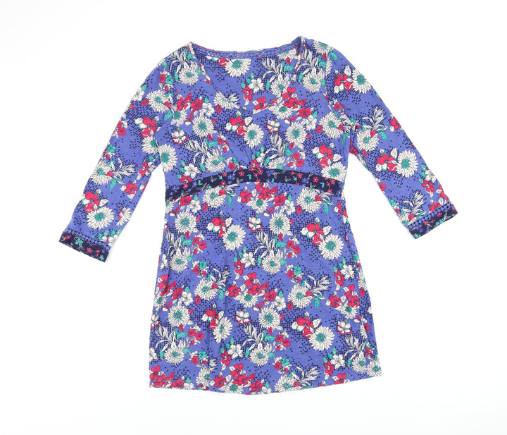 Marks and Spencer Womens Blue Floral Cotton Basic T-Shirt Size 10 V-Neck