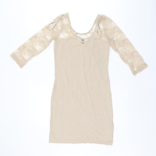 H&M Womens Beige Polyamide Bodycon Size 8 Boat Neck Pullover - Lace Sleeves and Neckline
