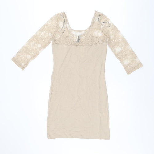 H&M Womens Beige Polyamide Bodycon Size 8 Boat Neck Pullover - Lace Sleeves and Neckline