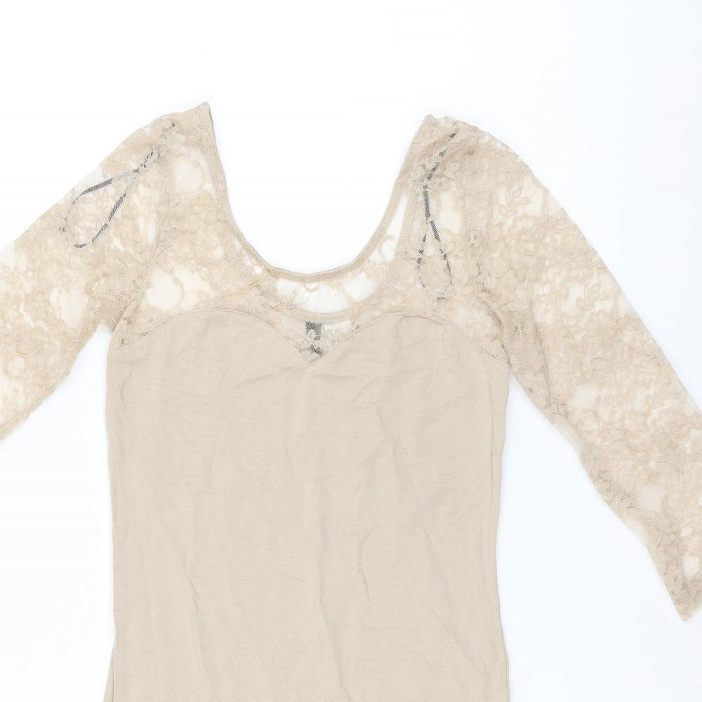 H&M Womens Beige Polyamide Bodycon Size 8 Boat Neck Pullover - Lace Sleeves and Neckline