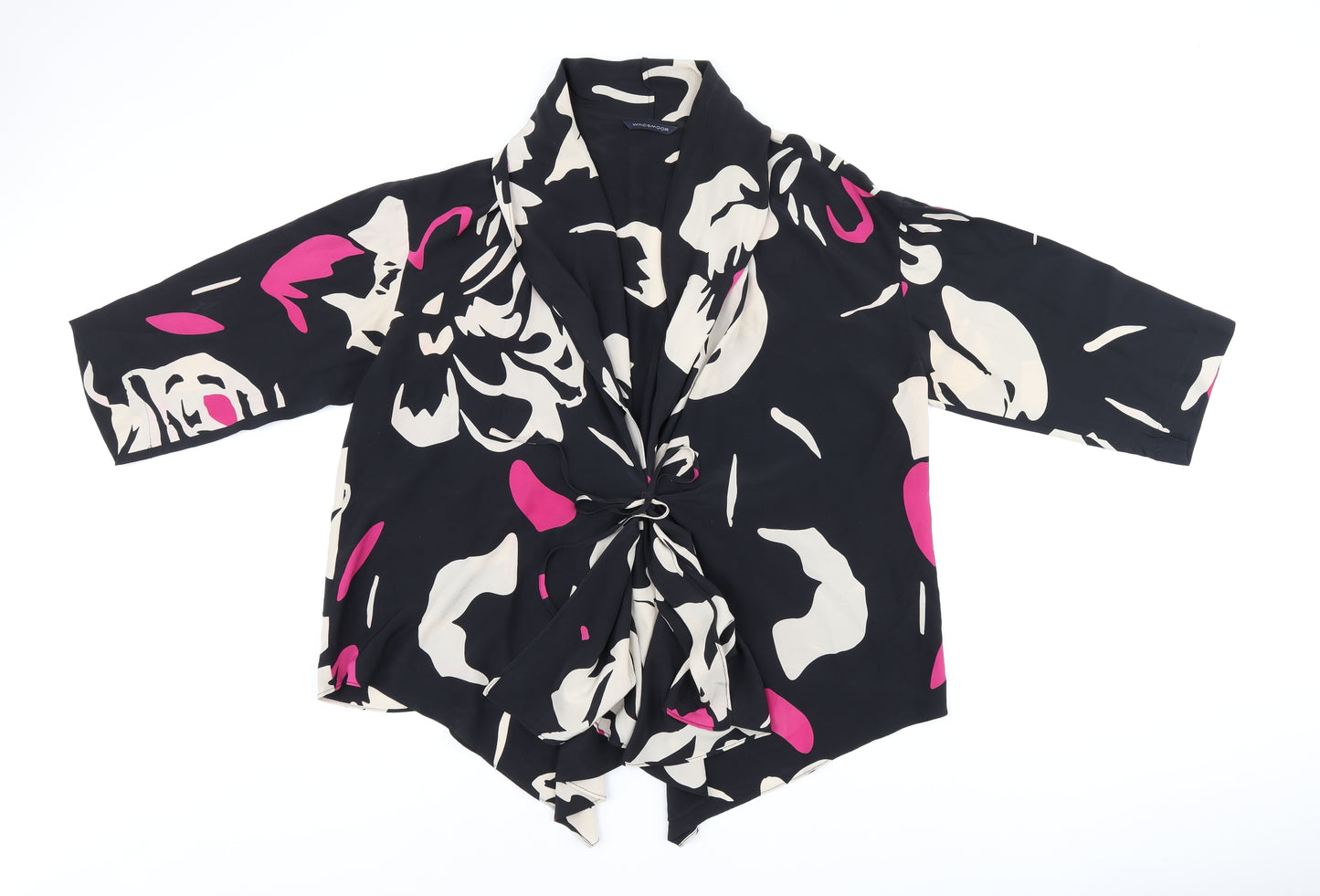 Windsmoor Womens Black Geometric Silk Kimono Blouse Size L Collared