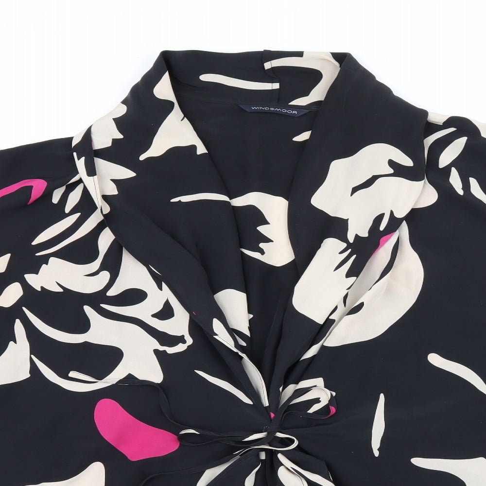 Windsmoor Womens Black Geometric Silk Kimono Blouse Size L Collared