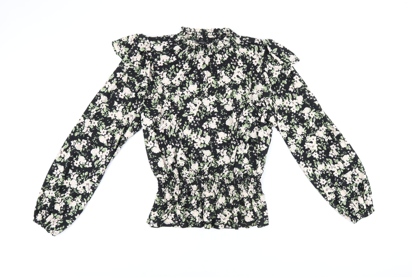 Dorothy Perkins Womens Black Floral Polyester Basic Blouse Size 14 Round Neck - Frill Detail