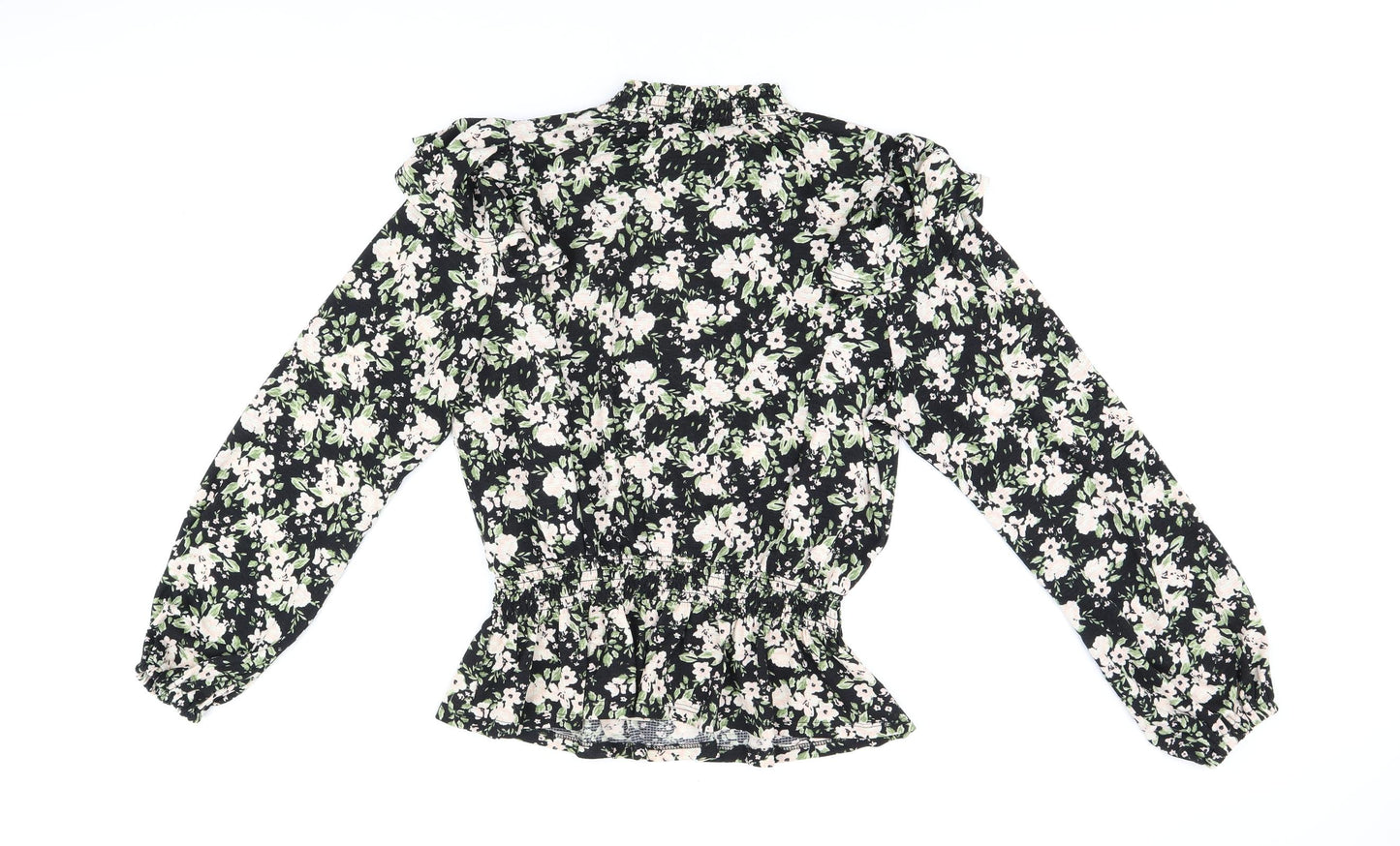 Dorothy Perkins Womens Black Floral Polyester Basic Blouse Size 14 Round Neck - Frill Detail