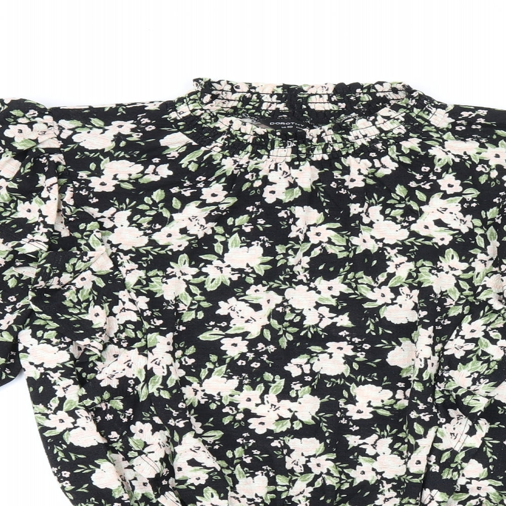 Dorothy Perkins Womens Black Floral Polyester Basic Blouse Size 14 Round Neck - Frill Detail