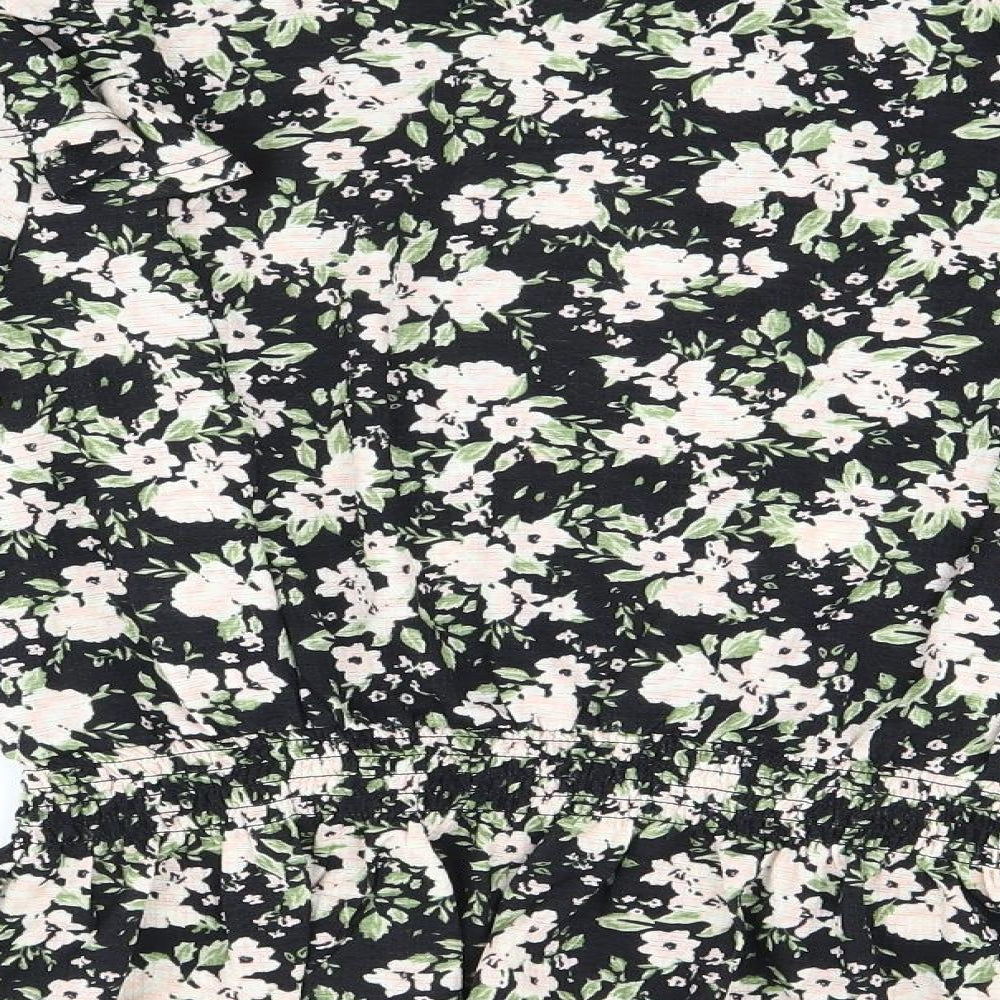 Dorothy Perkins Womens Black Floral Polyester Basic Blouse Size 14 Round Neck - Frill Detail