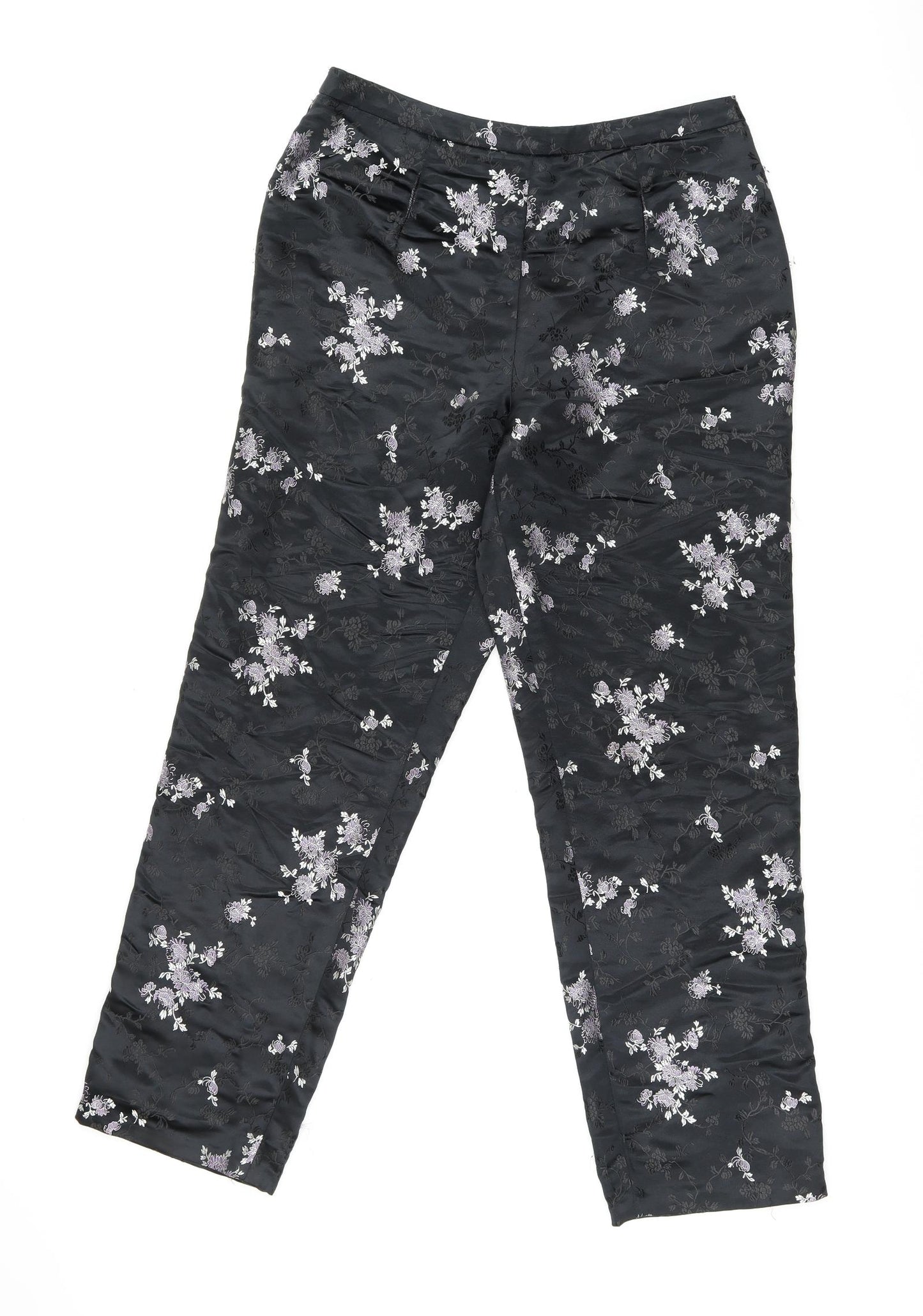 Kaliko Womens Black Floral Polyester Trousers Size 14 L28 in Regular Zip