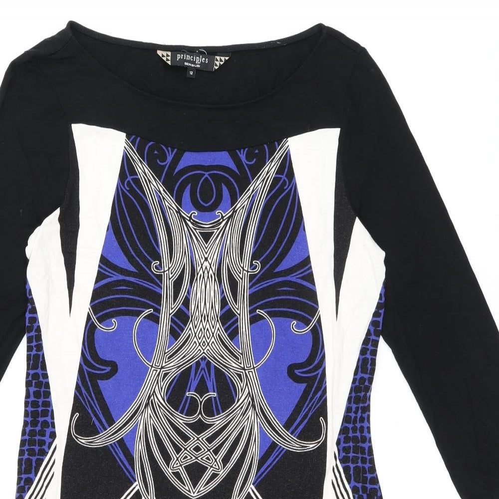 Principles Womens Black Geometric Viscose Shift Size 12 Boat Neck Pullover