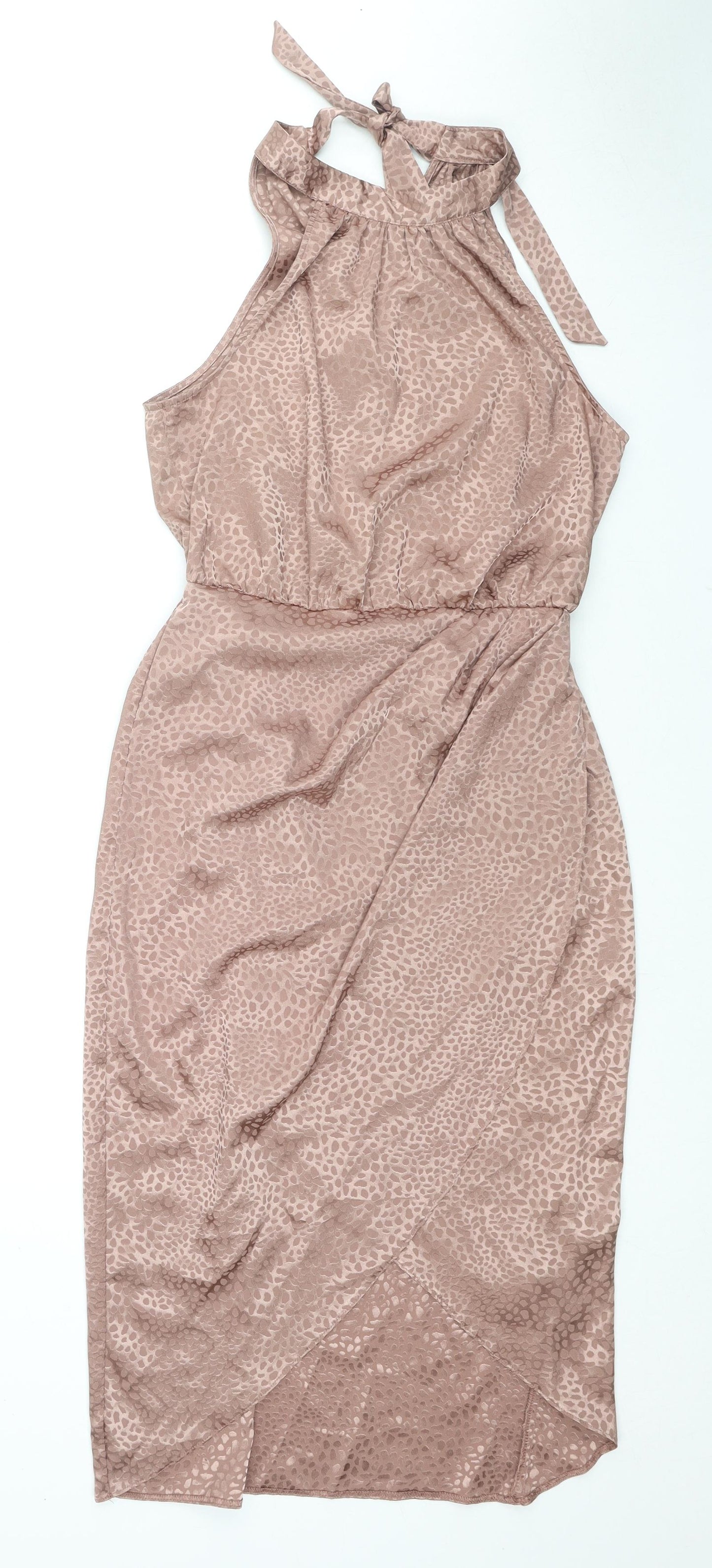 New Look Womens Beige Geometric Polyester Wrap Dress Size 10 Halter Tie