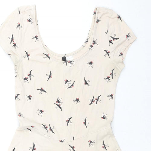 Divided by H&M Womens Beige Cotton Fit & Flare Size 10 Scoop Neck Pullover - Birds