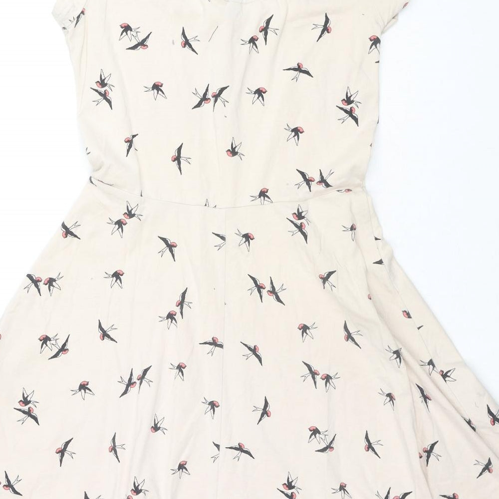 Divided by H&M Womens Beige Cotton Fit & Flare Size 10 Scoop Neck Pullover - Birds