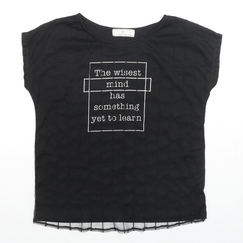 Sweet Fleur Womens Black Cotton Basic T-Shirt Size M Round Neck - Wisest Mind Has Something To Learn, Mesh Front
