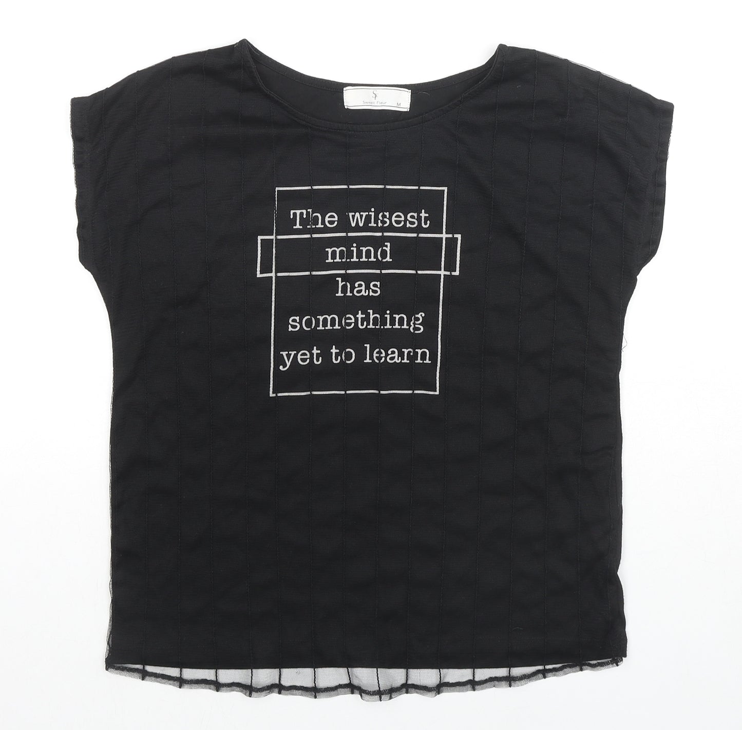 Sweet Fleur Womens Black Cotton Basic T-Shirt Size M Round Neck - Wisest Mind Has Something To Learn, Mesh Front