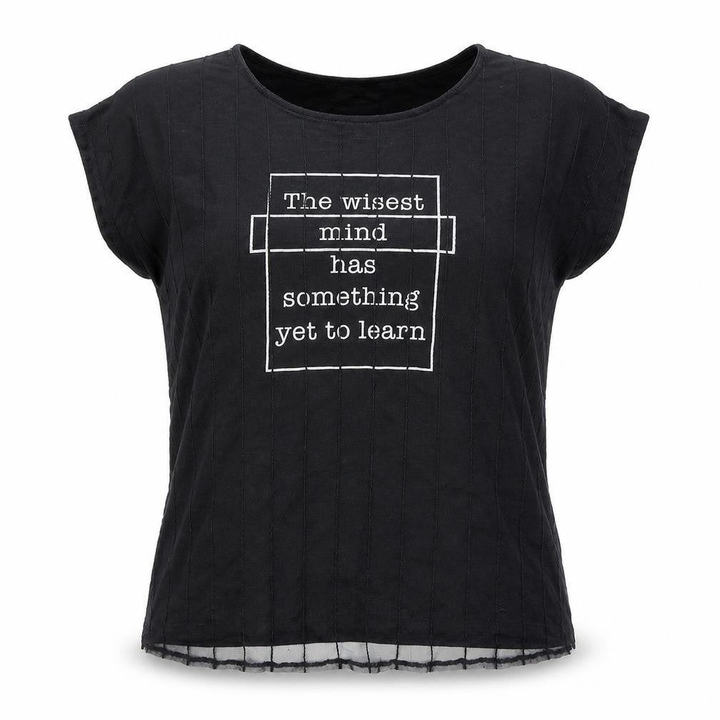 Sweet Fleur Womens Black Cotton Basic T-Shirt Size M Round Neck - Wisest Mind Has Something To Learn, Mesh Front
