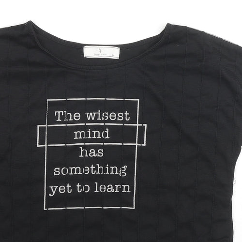 Sweet Fleur Womens Black Cotton Basic T-Shirt Size M Round Neck - Wisest Mind Has Something To Learn, Mesh Front