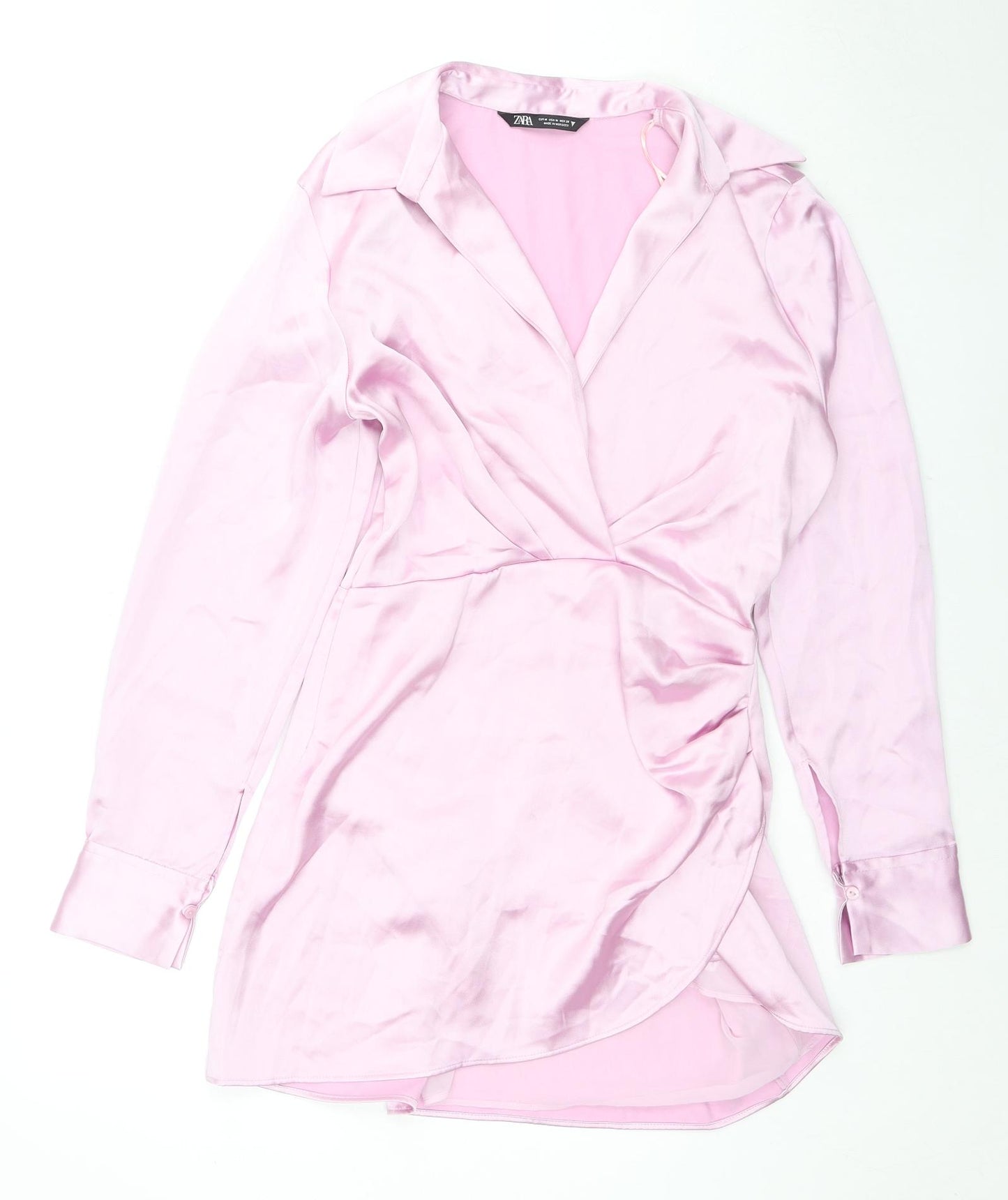 Zara Womens Pink Polyester Shirt Dress Size M Collared Zip