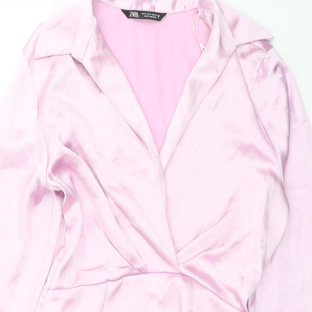 Zara Womens Pink Polyester Shirt Dress Size M Collared Zip