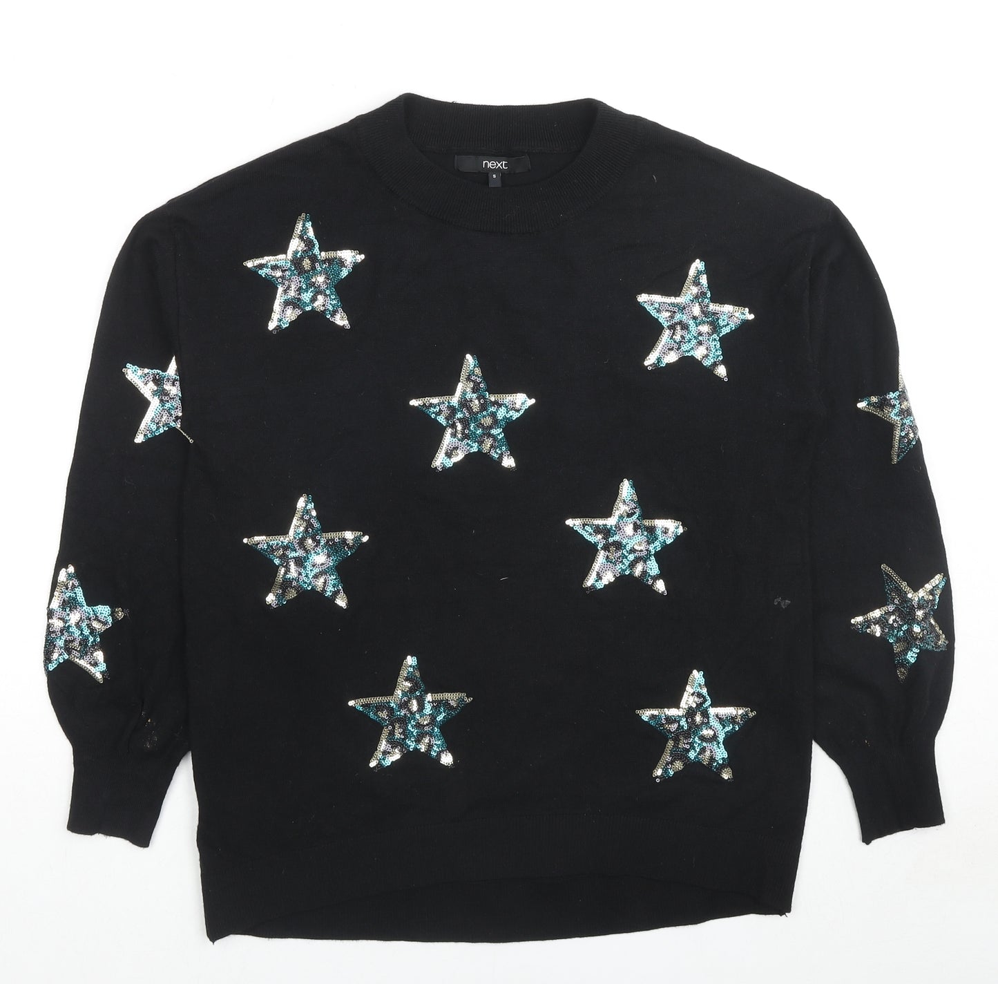 NEXT Womens Black Round Neck Viscose Pullover Jumper Size S - Sequin Detail Stars