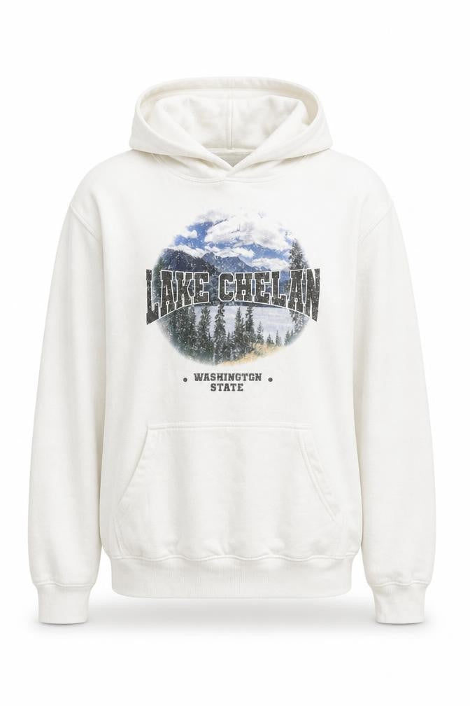 Front view of PRETTYLITTLETHING women’s white polyester pullover hoodie, size S, pullover - lake chelan, washington