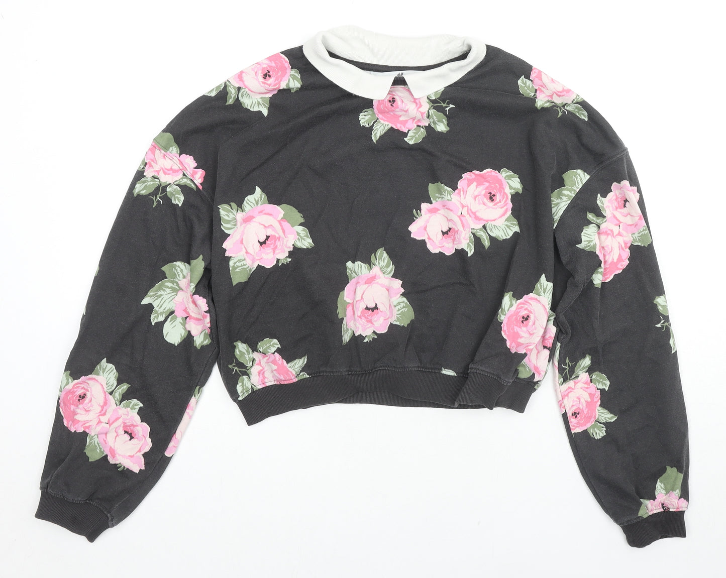H&M Girls Black Floral Cotton Pullover Sweatshirt Size 14-15 Years Pullover - Roses