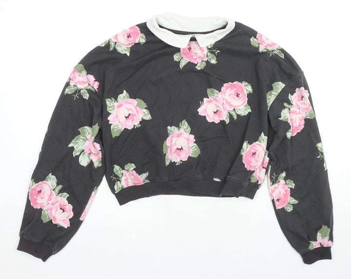 H&M Girls Black Floral Cotton Pullover Sweatshirt Size 14-15 Years Pullover - Roses
