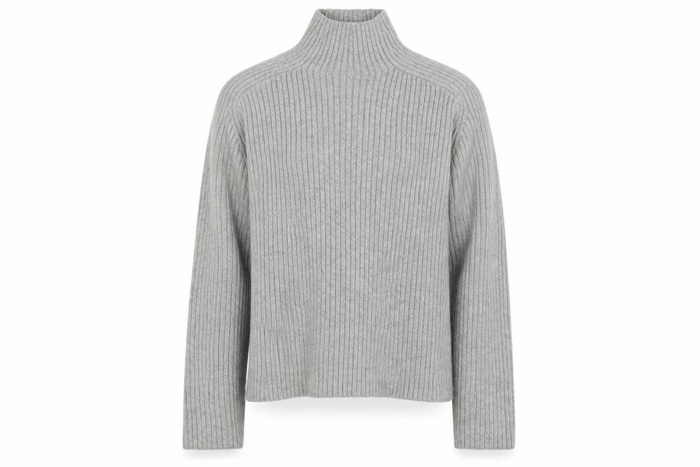 Front view of H&M men’s grey high neck polyester jumper, size S, long sleeve