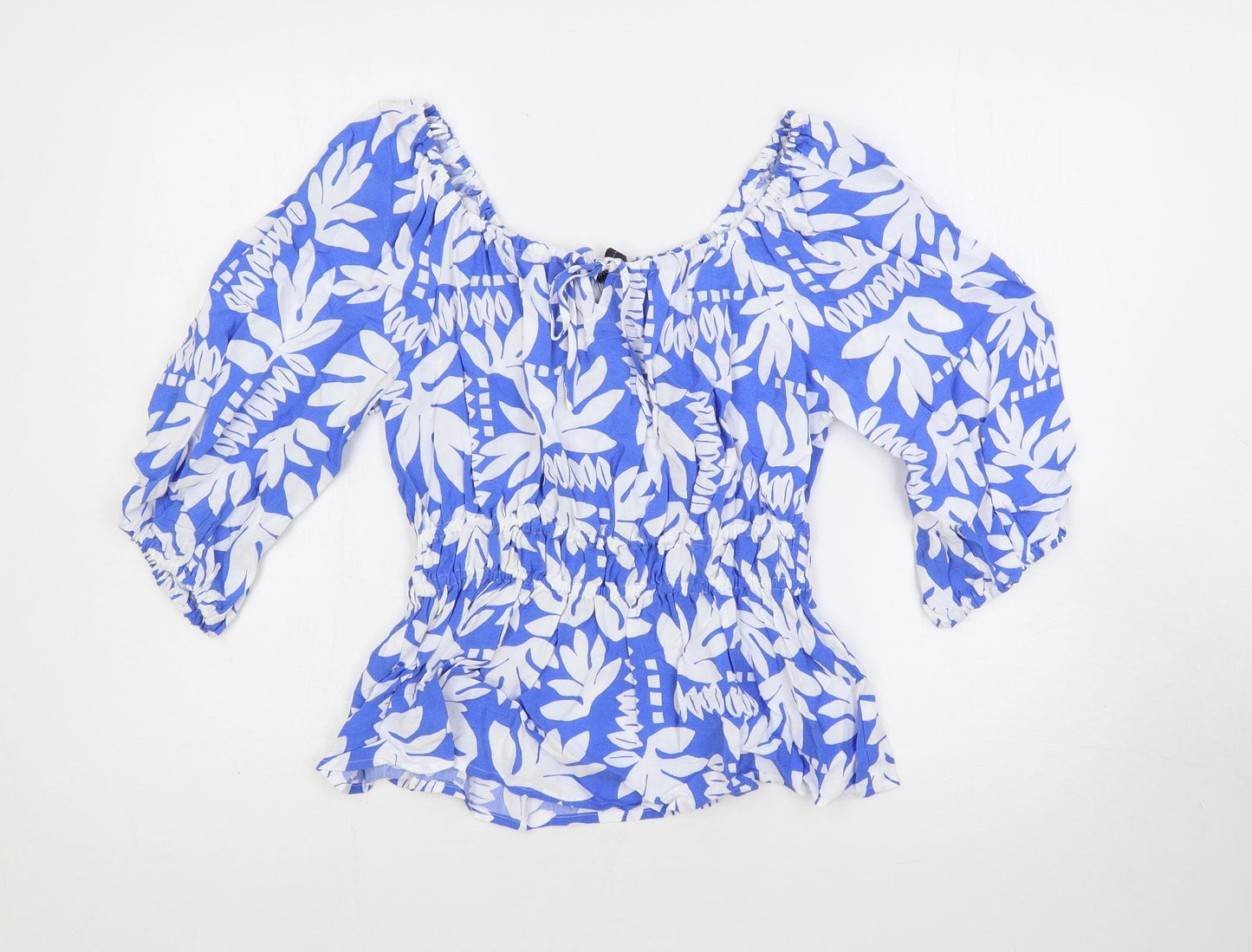 Marks and Spencer Womens Blue Geometric Viscose Basic Blouse Size 10 Scoop Neck