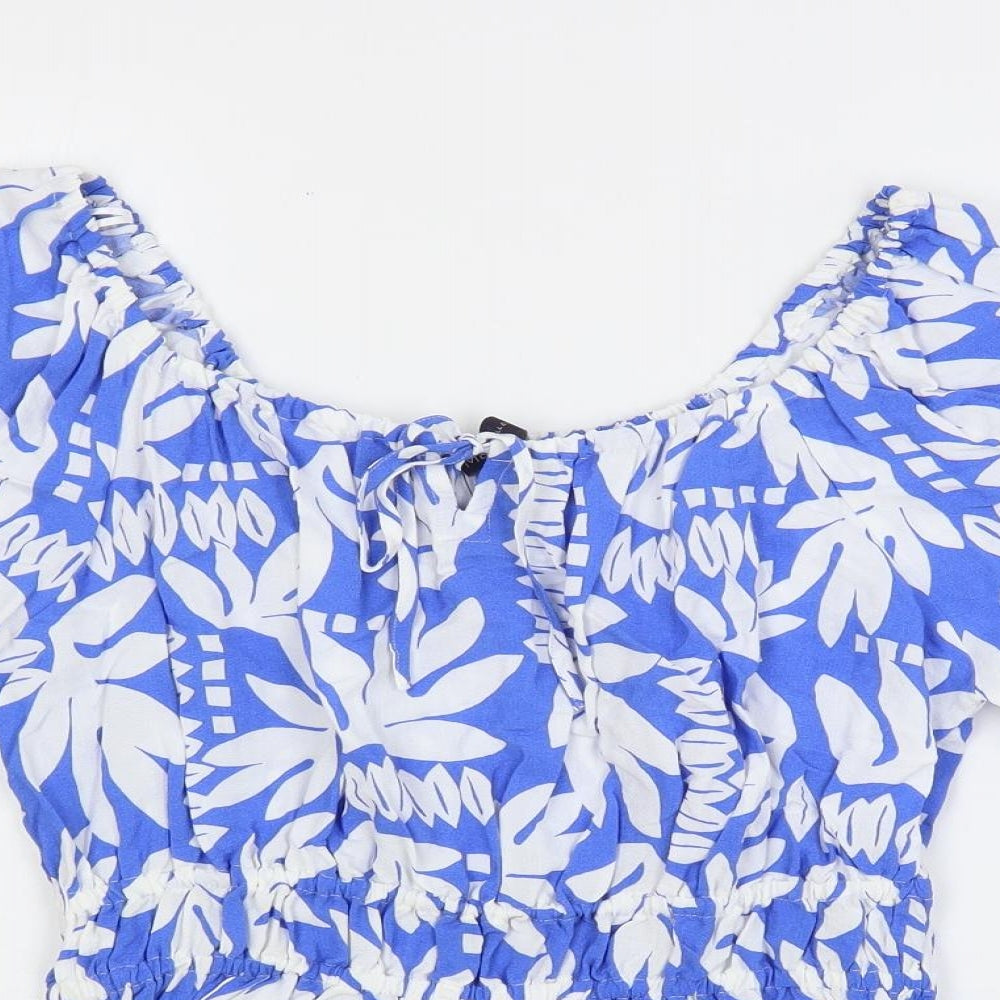 Marks and Spencer Womens Blue Geometric Viscose Basic Blouse Size 10 Scoop Neck