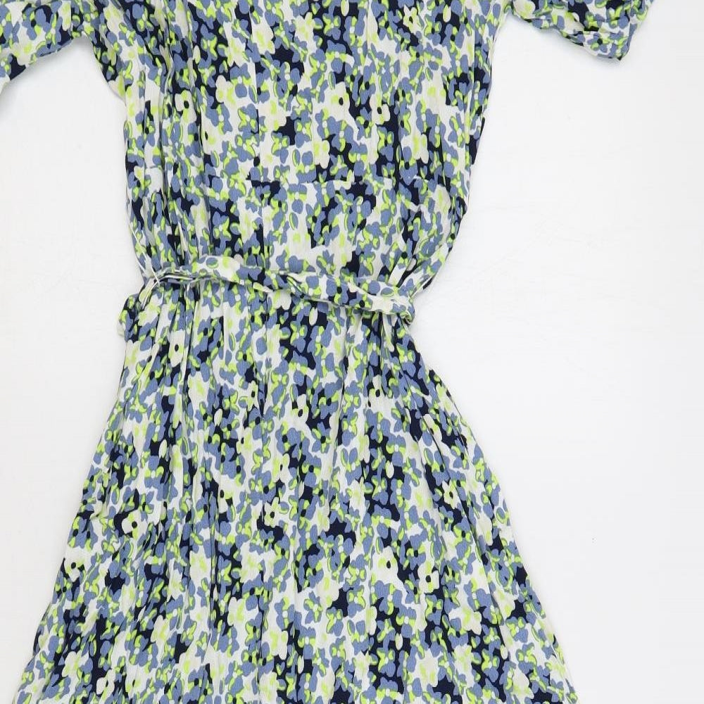 Marks and Spencer Womens Multicoloured Geometric Viscose A-Line Size 16 V-Neck Zip - Puff Sleeve