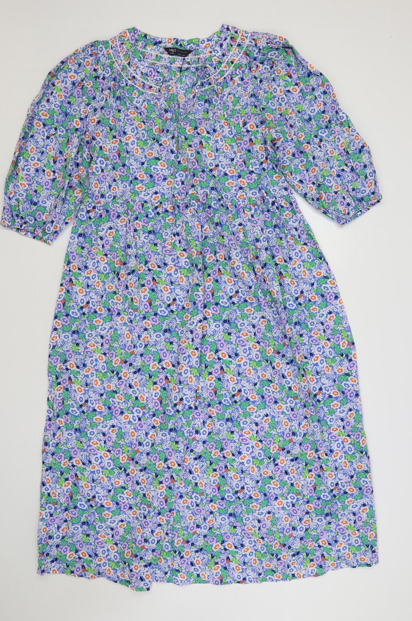 Marks and Spencer Womens Multicoloured Floral Cotton A-Line Size 8 V-Neck Tie
