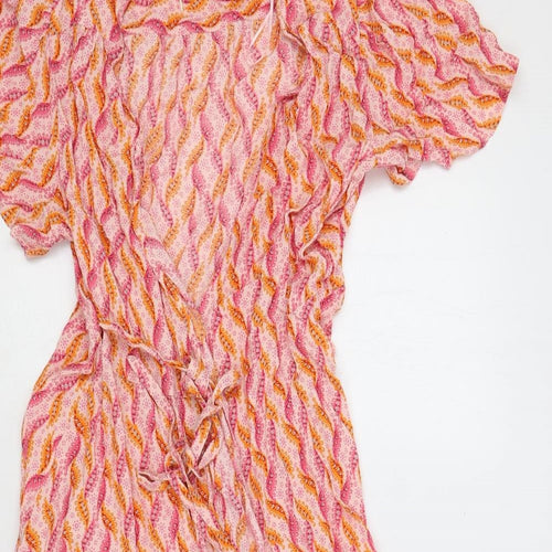 Per Una Womens Multicoloured Geometric Viscose Wrap Dress Size 14 V-Neck Tie - Ruffle