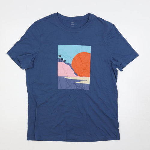 Marks and Spencer Mens Blue Cotton T-Shirt Size L Crew Neck - Sunset