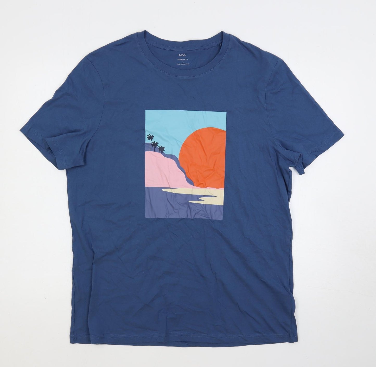 Marks and Spencer Mens Blue Cotton T-Shirt Size L Crew Neck - Sunset