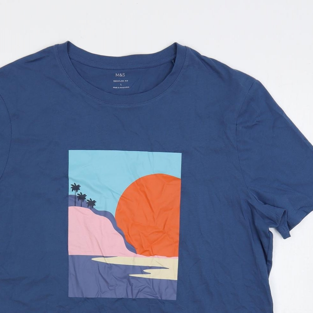 Marks and Spencer Mens Blue Cotton T-Shirt Size L Crew Neck - Sunset