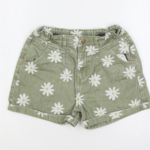 Marks and Spencer Girls Green Floral Cotton Hot Pants Shorts Size 12-13 Years Regular Buckle - Daisy Pattern