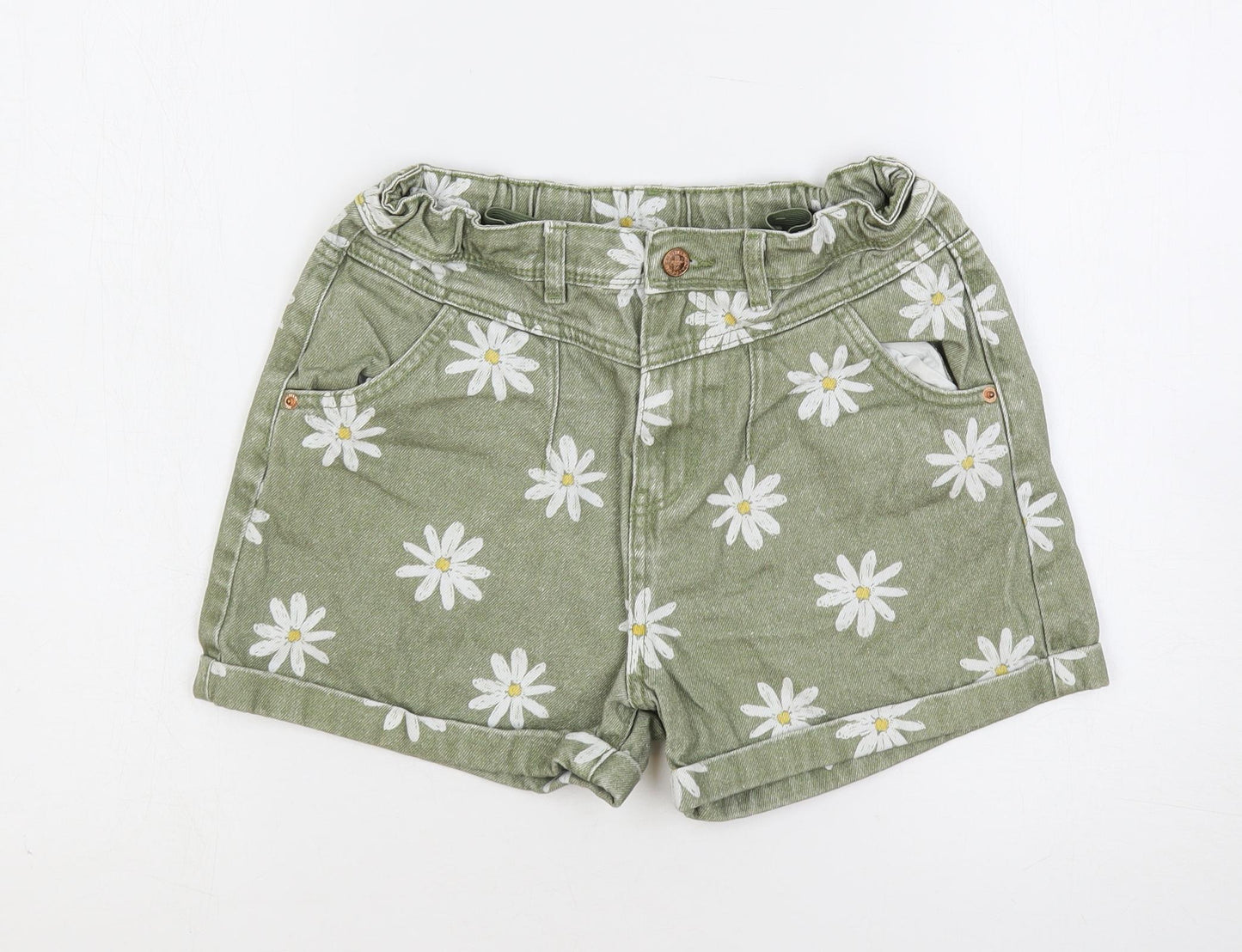 Marks and Spencer Girls Green Floral Cotton Hot Pants Shorts Size 12-13 Years Regular Buckle - Daisy Pattern