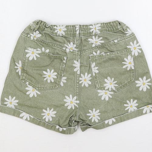 Marks and Spencer Girls Green Floral Cotton Hot Pants Shorts Size 12-13 Years Regular Buckle - Daisy Pattern