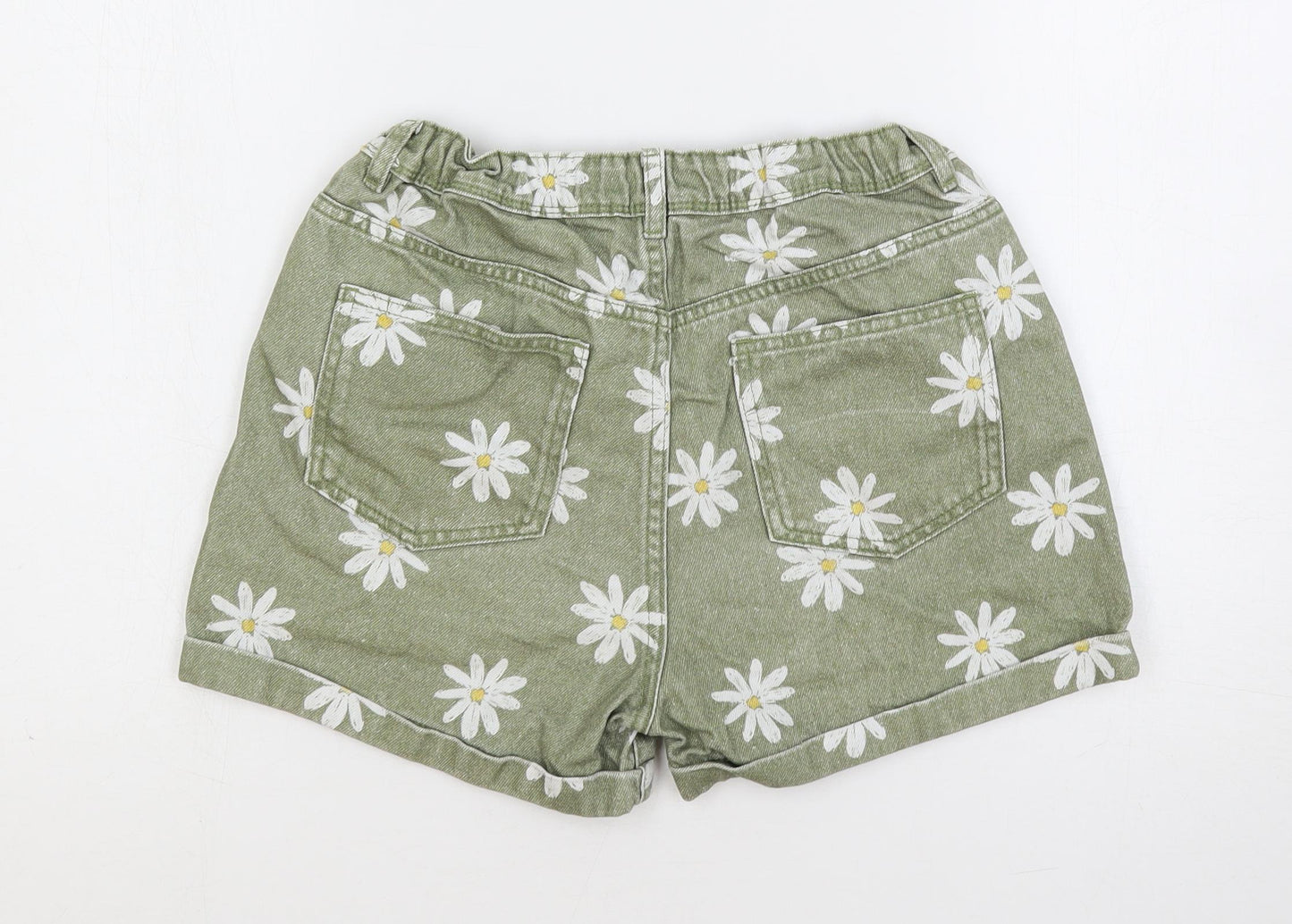Marks and Spencer Girls Green Floral Cotton Hot Pants Shorts Size 12-13 Years Regular Buckle - Daisy Pattern