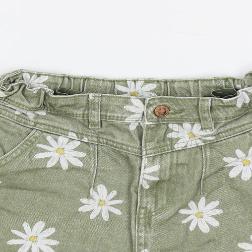 Marks and Spencer Girls Green Floral Cotton Hot Pants Shorts Size 12-13 Years Regular Buckle - Daisy Pattern