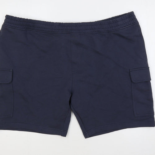 Marks and Spencer Mens Blue Cotton Cargo Shorts Size 3XL L9 in Regular Drawstring - Elastic Waist