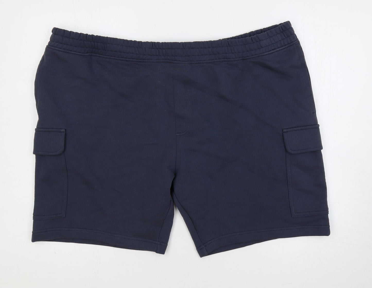 Marks and Spencer Mens Blue Cotton Cargo Shorts Size 3XL L9 in Regular Drawstring - Elastic Waist