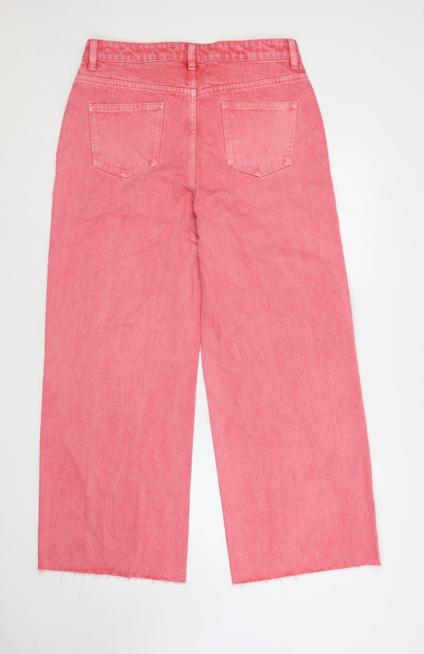 TU Womens Pink Cotton Wide-Leg Jeans Size 12 L28 in Regular Button - Raw Hem